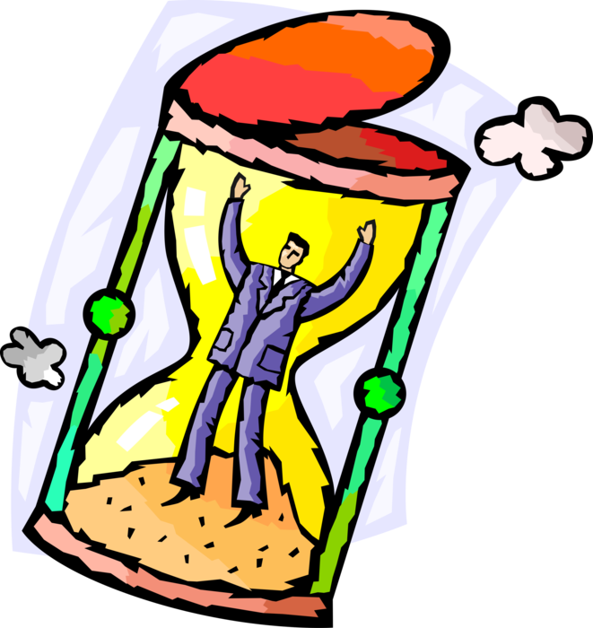 Vector Illustration of Businessman Trapped in Hourglass or Sandglass, Sand Clock Measuring Passage of Time