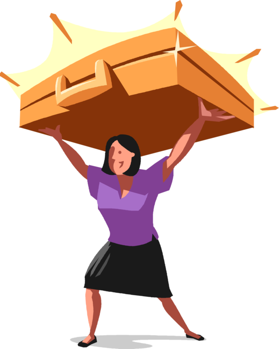 Vector Illustration of Businesswoman Holds Briefcase or Attaché Portfolio Case Carrying Documents Over Head