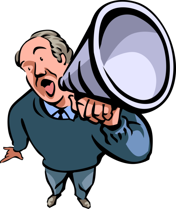 Vector Illustration of Salesman Broadcasts Message with Megaphone or Bullhorn to Amplify Voice