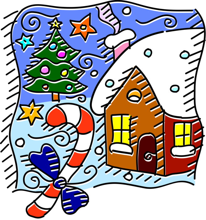 Vector Illustration of Country Cottage Home with Candy Cane and Christmas Time with Ornament Decorations