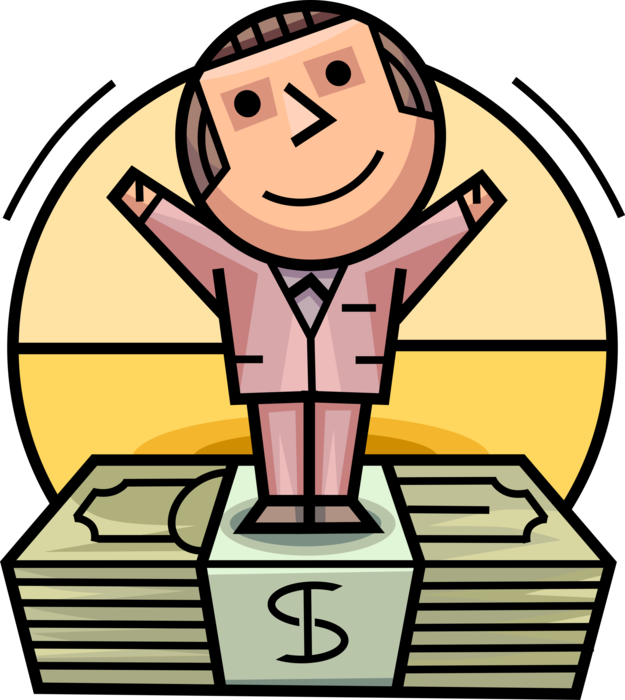 Vector Illustration of Successful Businessman Celebrates Success Standing on Stack of Cash Money Dollars