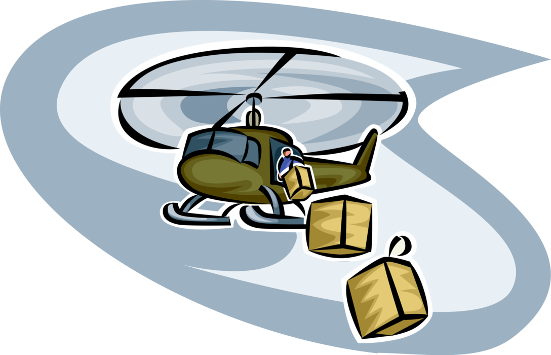 Vector Illustration of Military Helicopter Airdrop Disaster Relief Goods Food, Medicine, Tents to Earthquake Survivors