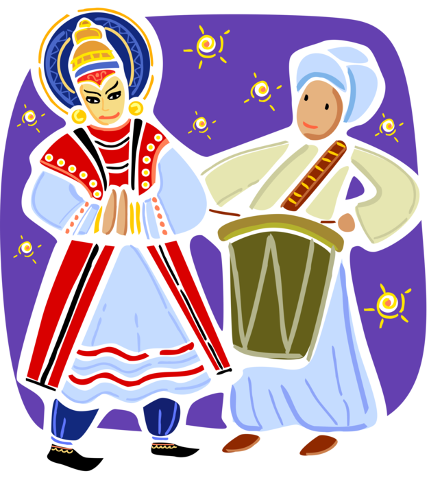 Vector Illustration of People of India in Traditional Costume Dress with Dancer and Percussionist Playing Drum