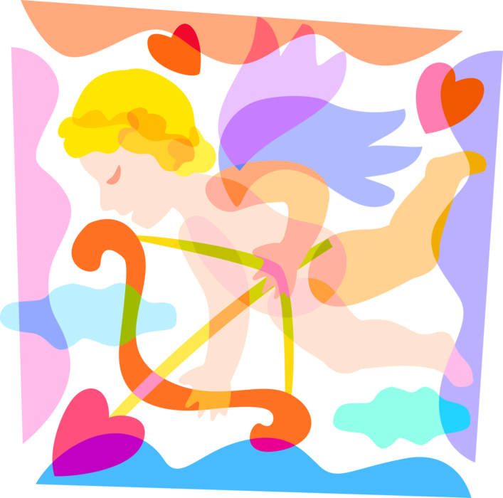Vector Illustration of Cupid God of Desire and Erotic Love with Archery Bow and Arrow and Passion Love Hearts