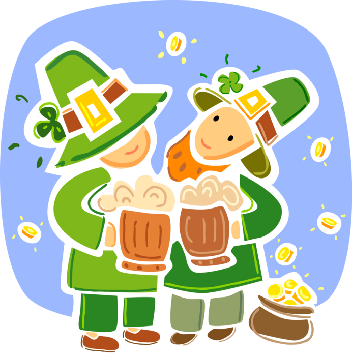 Vector Illustration of St Patrick's Day Irish Leprechauns Drink Beer on St Patrick's Day with Pot of Gold