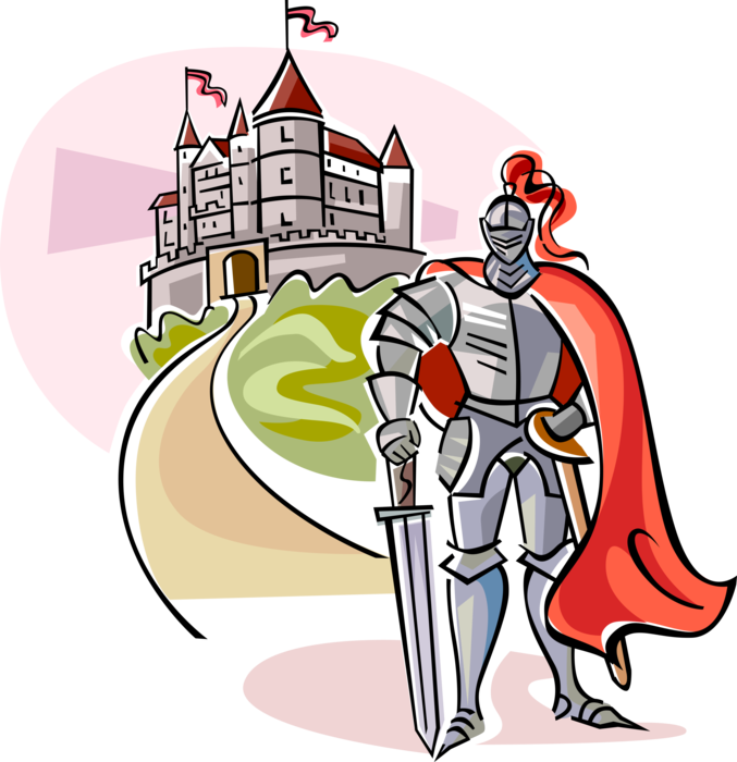 Vector Illustration of Medieval Knight with Castle Fortification
