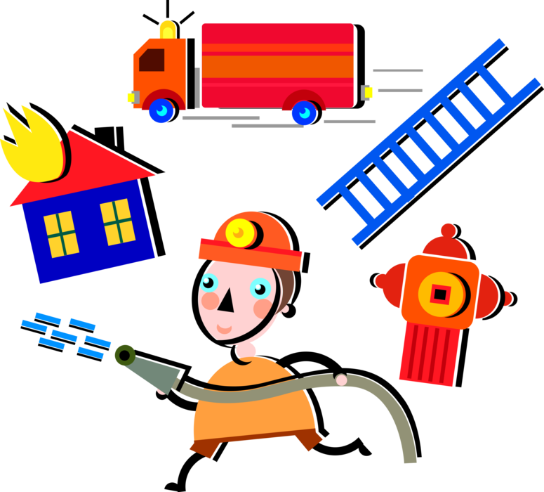 Vector Illustration of Fireman Firefighter Fighting House Fire Blaze with Ladder, Fire Engine, Fire Hydrant, and Hose