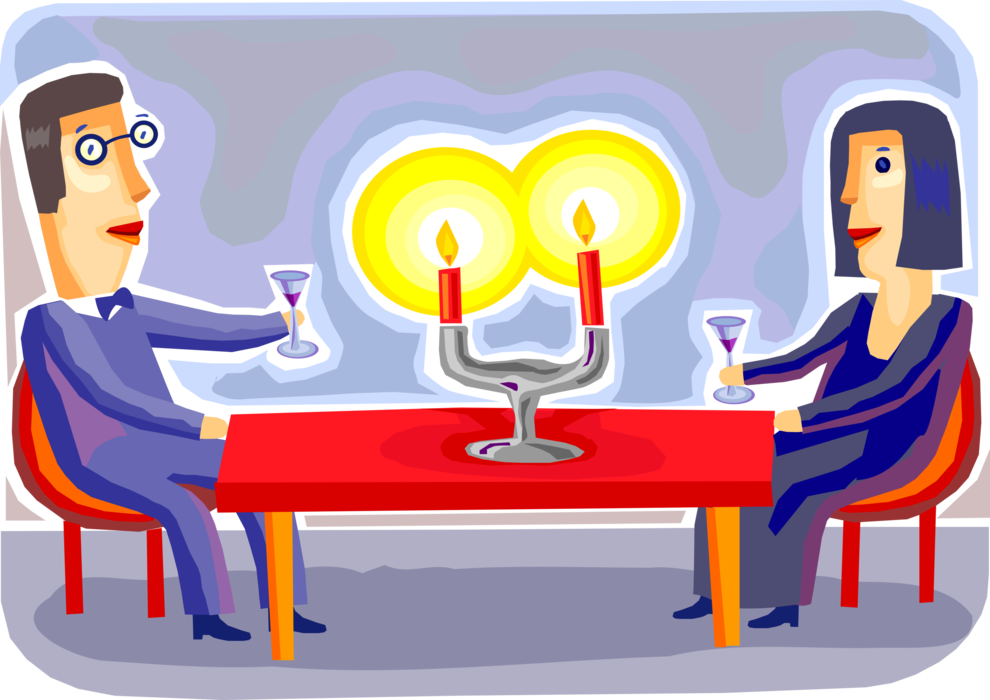 Vector Illustration of Romantic Couple Share Evening of Fine Dining Get Drunk on Wine with Candlelight Dinner