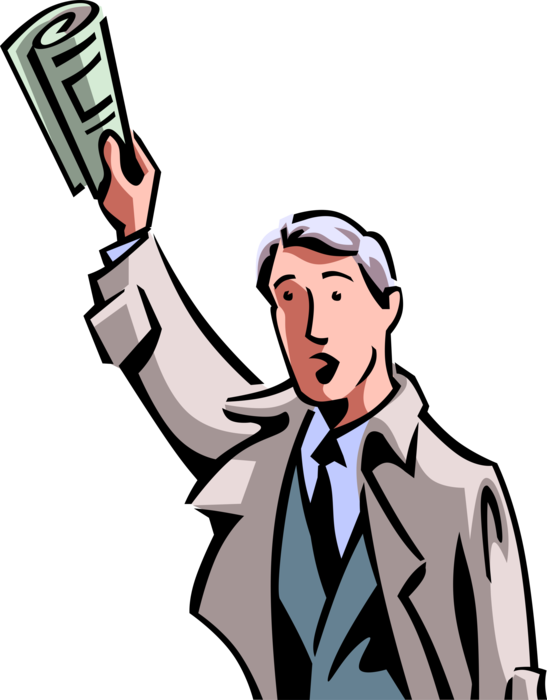 Vector Illustration of Businessman Commuter with Newspaper Hails Taxi or Bus Transportation