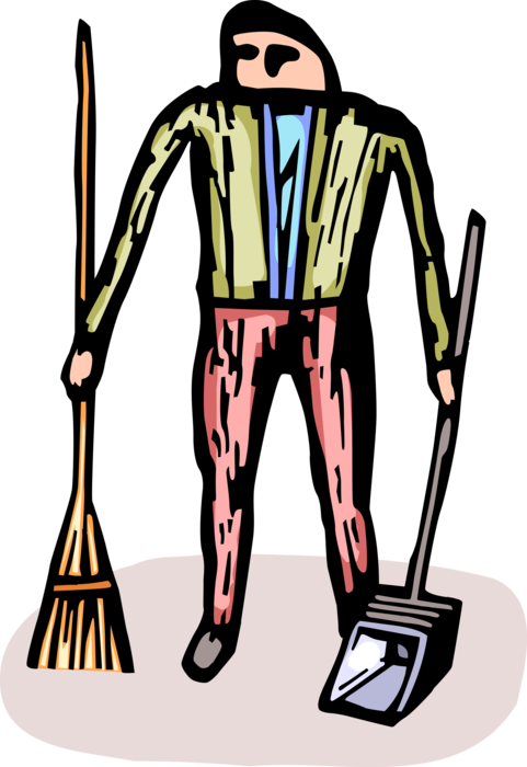 Vector Illustration of School Janitor Custodian with Broom and Dustpan Sweeps the Floor
