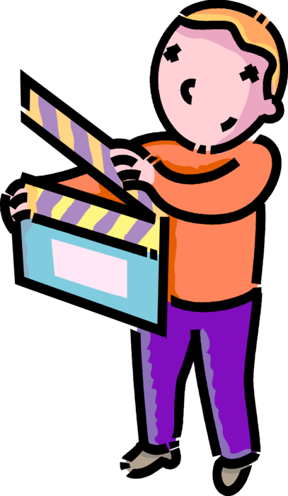 Vector Illustration of Primary or Elementary School Student Boy Filmmaker with Video Production Clapperboard