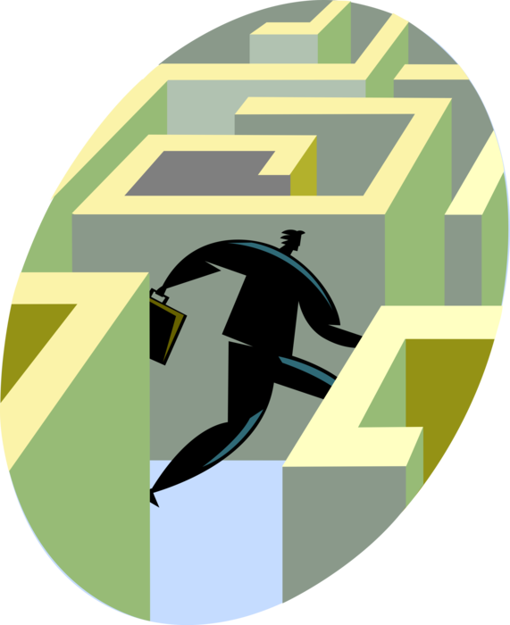 Vector Illustration of Businessman Negotiates Maze Labyrinth with Walls and Passageways
