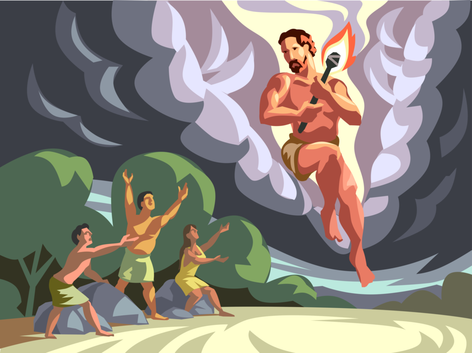 Vector Illustration of Greek Mythology Prometheus, Steals Fire from Mount Olympus Gives it to Mankind