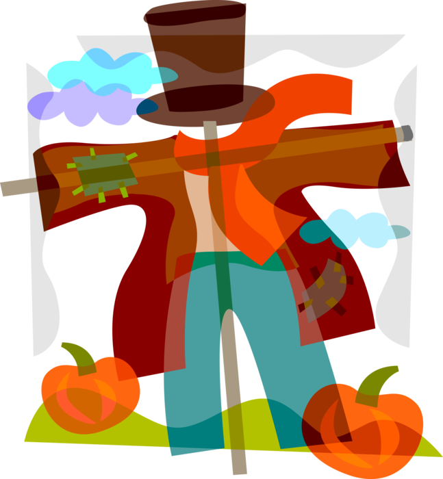Vector Illustration of Halloween Scarecrow to Frighten Crows with Fall Harvest Pumpkins in Farm Field