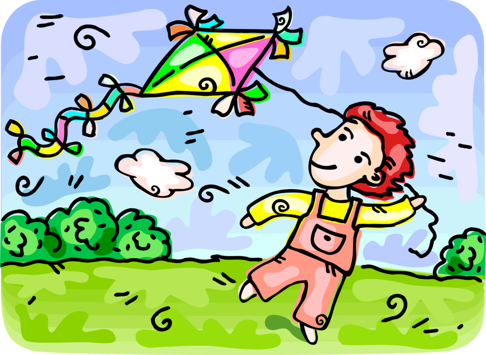 Vector Illustration of Young Girl Flies Tethered Heavier-than-Air Flying Craft Kite Outdoors in Summer