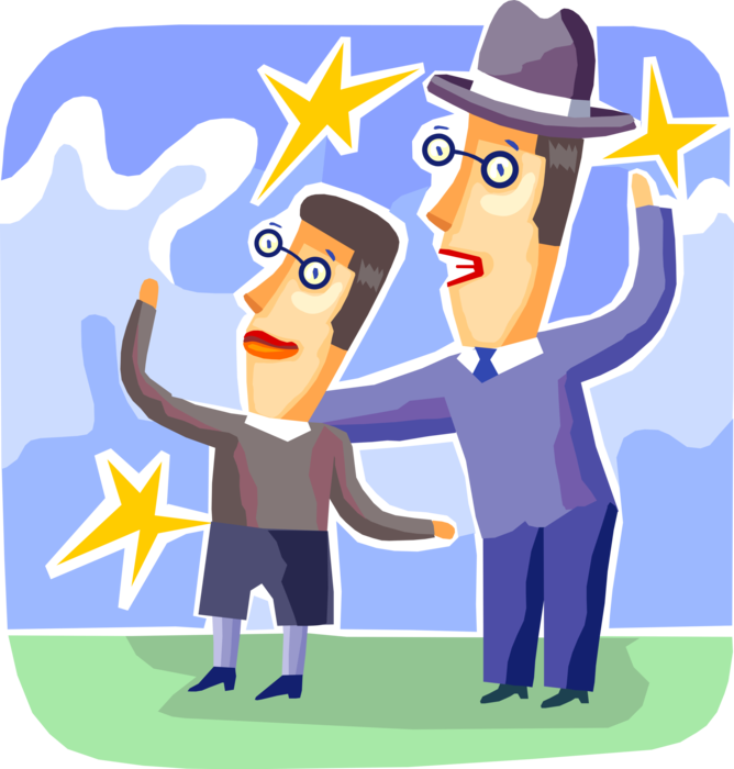 Vector Illustration of Businessman Teaches Son to Never Stop Dreaming and Shoot for the Stars