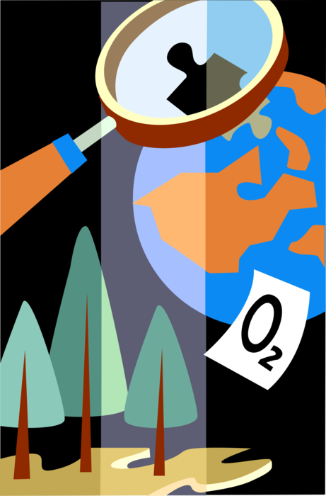 Vector Illustration of O2 Oxygen Air Pollution with Planet Earth World, Magnifying Glass and Vibrant Forest Missing Puzzle Piece