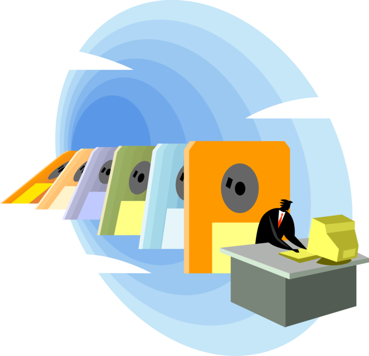 Vector Illustration of Businessman with Information Technology Digital Storage Media Diskette Dominos or Dominoes