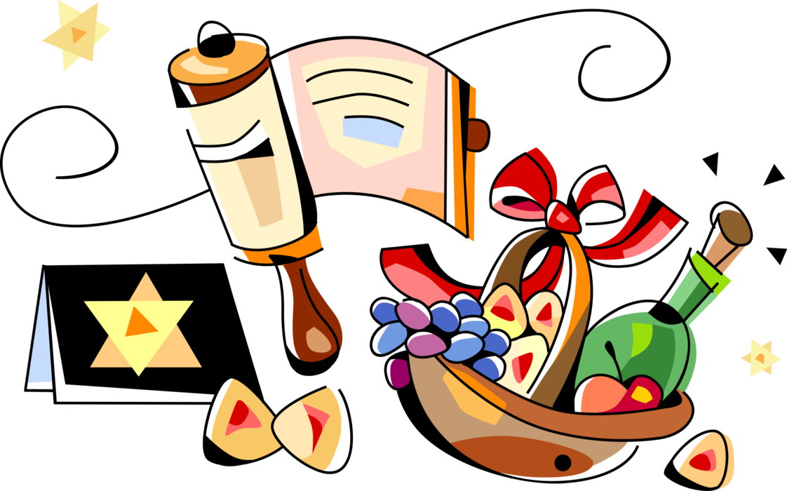 Vector Illustration of Jewish Purim Noisemaker Gragger and Hamantaschen Cookies, Grapes and Wine