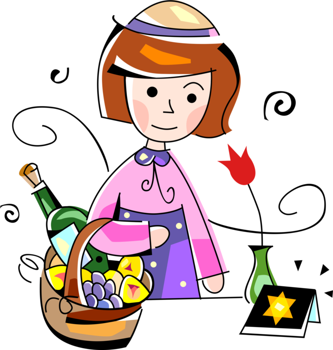 Vector Illustration of Jewish Child with Purim Hebrew Holiday Feast Foods with Hamantaschen, Wine and Grapes