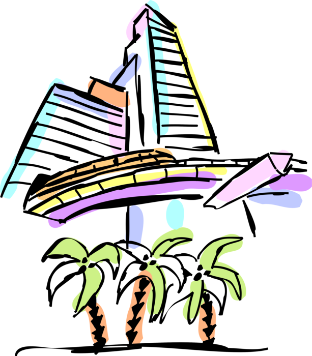 Vector Illustration of Monorail Railway Train Single Rail Track Transport Emerges from Tropical Resort Hotel with Palm Trees
