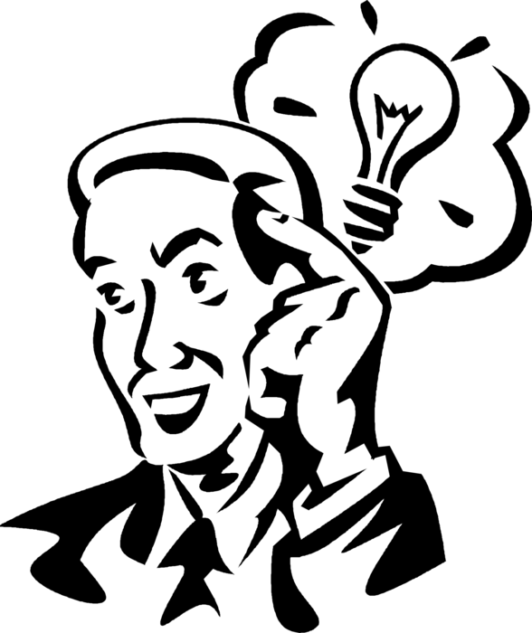 Vector Illustration of Inspired Businessman Gets Good Idea with Electric Light Bulb Thought Bubble