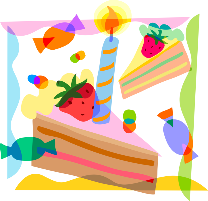 Vector Illustration of Sweet Dessert Baked Birthday Cake with Candle, Strawberry and Candies
