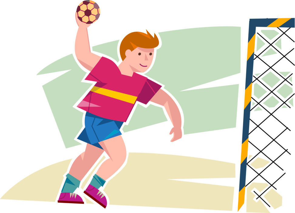 Vector Illustration of Young Handball Player Throws Ball at Goal Net During Game