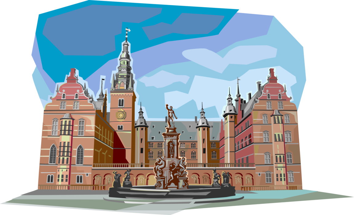 Vector Illustration of Frederiksborg Castle and Palace Fountain, Hillerod, Denmark