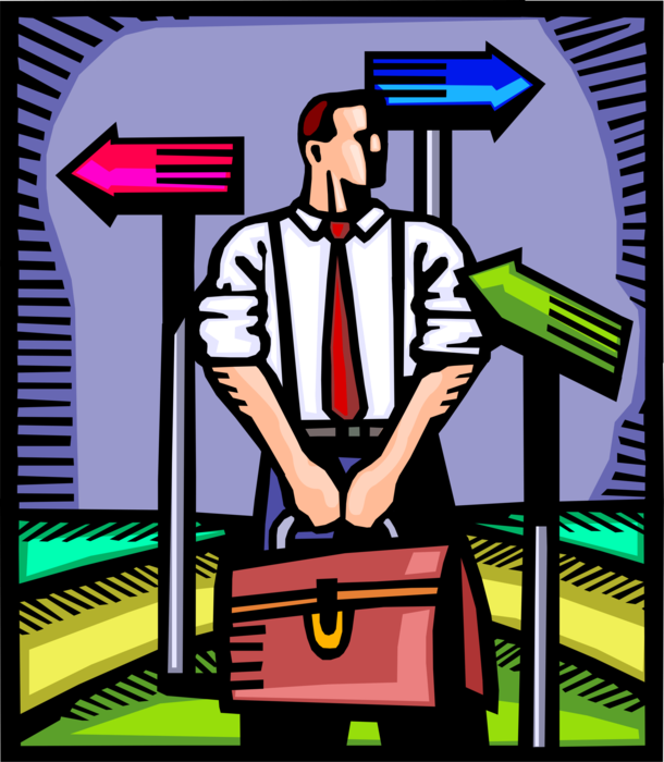 Vector Illustration of Businessman Faced with Decision Must Choose from Available Options with Direction Sign Arrows