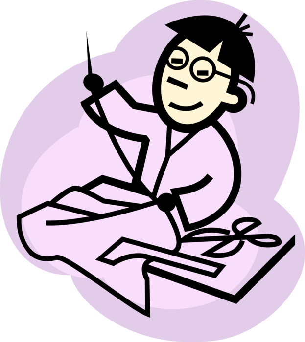 Vector Illustration of Fashion and Garment Industry Dressmaker Seamstress Designer Sews Fabric with Needle and Thread