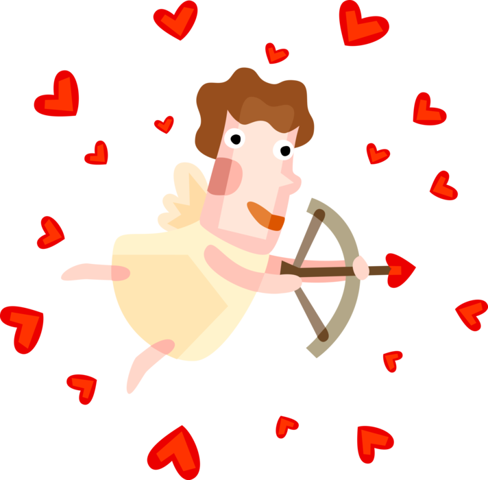 Vector Illustration of Cupid God of Desire and Erotic Love with Archery Bow and Arrow and Love Hearts
