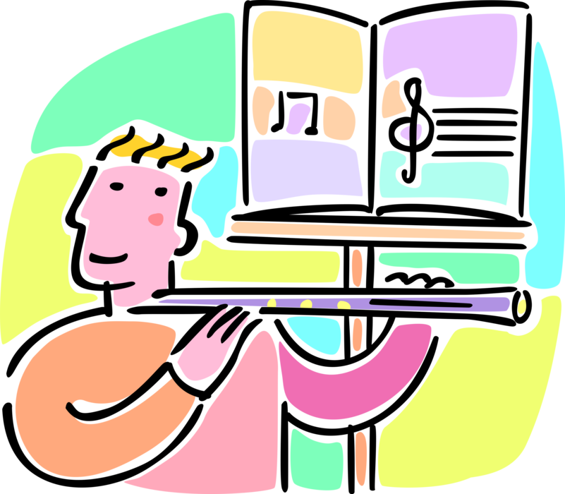 Vector Illustration of Music Student in School Band Plays Flute Musical Instrument