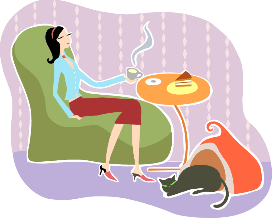 Vector Illustration of Relaxing at Home in Comfortable Chair with Coffee and Domestic Housecat Pet Cat Kitten