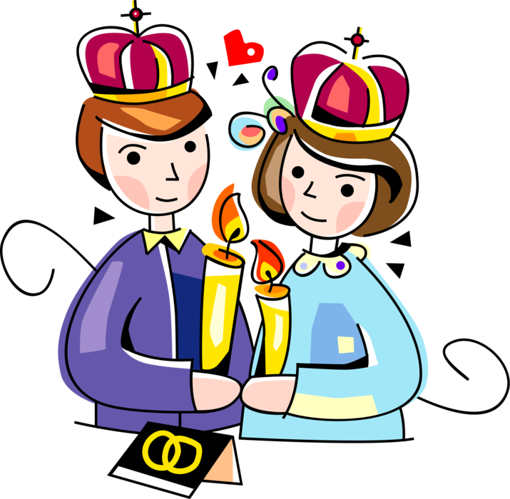 Vector Illustration of Orthodox Christian Wedding Bride and Groom Exchange Marriage Vows in Ceremony with Crowns and Lit Candles