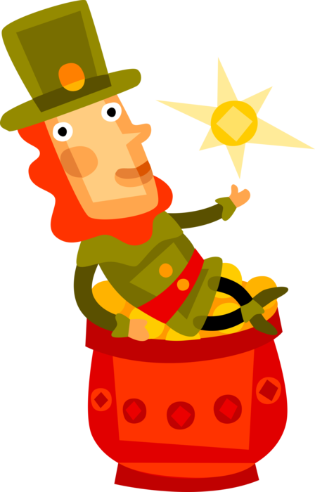 Vector Illustration of Irish Mythology Leprechaun Sits on St. Patrick's Day Pot of Gold