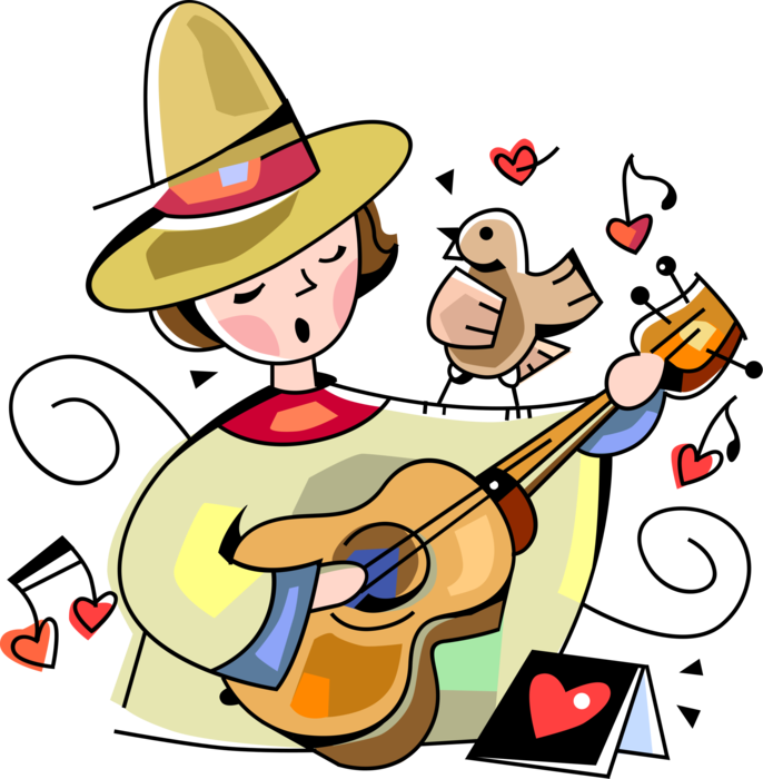 Vector Illustration of Guitarist Musician Sings and Serenades Girlfriend with Acoustic Guitar Musical Instrument