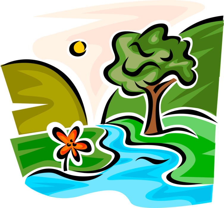 Vector Illustration of Idyllic Mountain Stream Creek with Trees and Flower