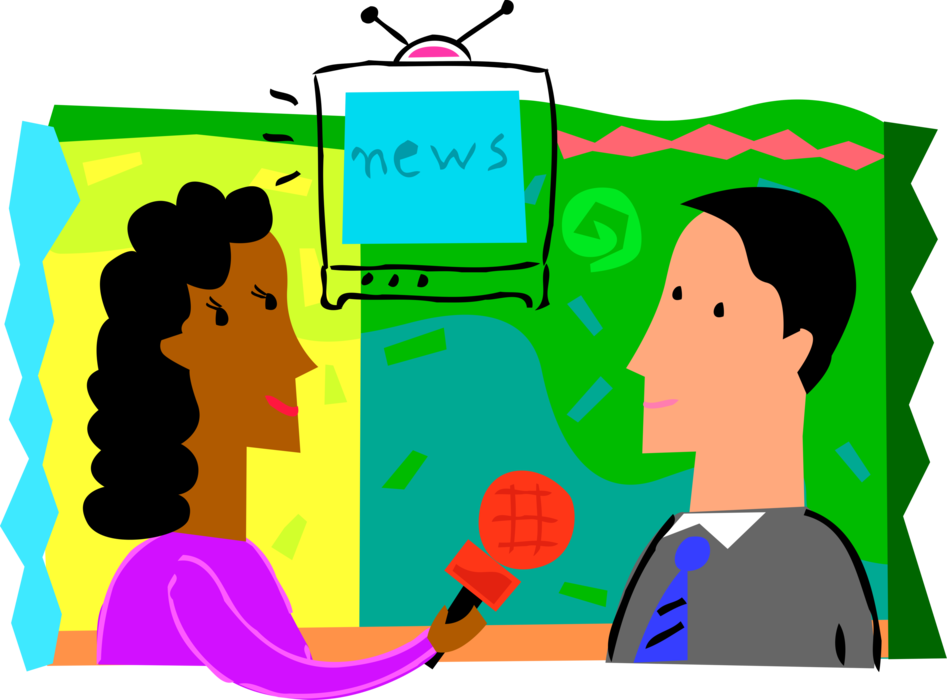 Vector Illustration of Television News Reporter Interviews Guest with Microphone for News Broadcast