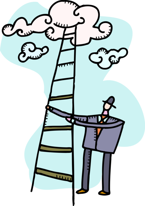 Vector Illustration of Enterprising Ambitious Businessman Climbs Ladder to Business and Financial Success