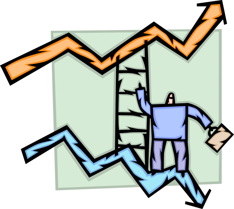 Vector Illustration of Businessman Struggles to Return Financial Results to Profitability with Step Ladder to Success