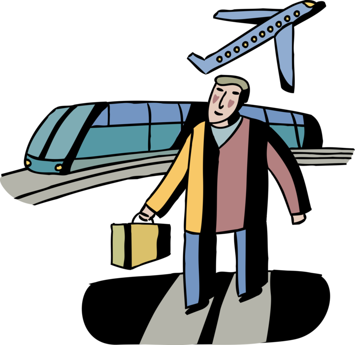 Vector Illustration of Airline Travel Passenger Arrives at Airport, Takes Shuttle Monorail to Terminal
