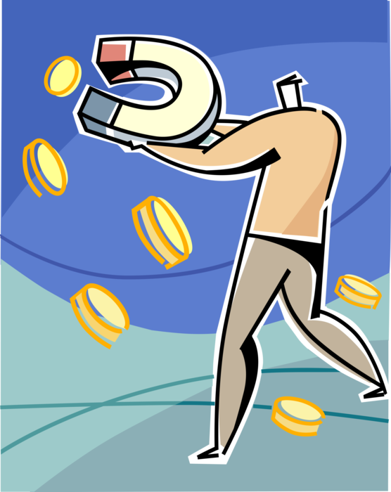 Vector Illustration of Businessman with Financial Magnet with Magnetic Field Attracting Cash Money Earnings Profit Coins