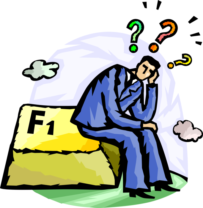 Vector Illustration of Confused Businessman Sits on F1 Help Key Contemplating Answers to Unanswered Questions