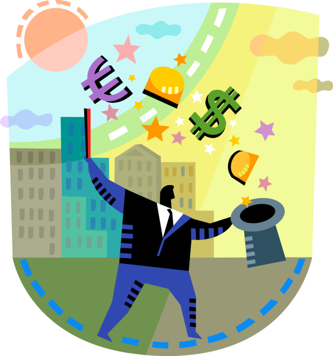 Vector Illustration of Businessman Financial Magician Creates Corporate Revenue Earnings and Profit in Dollar and Euro Money Magic Act