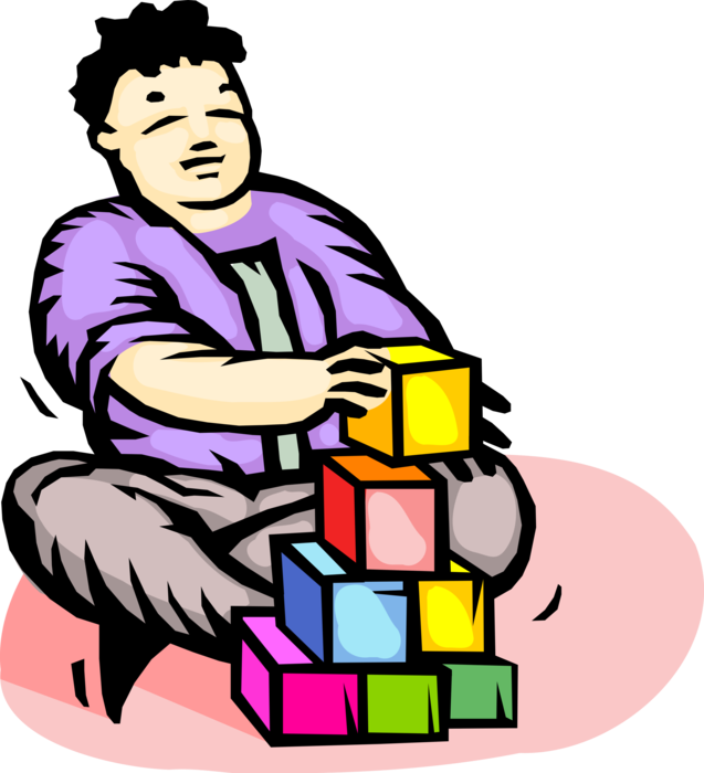 Vector Illustration of Child Plays with Building Blocks Toy