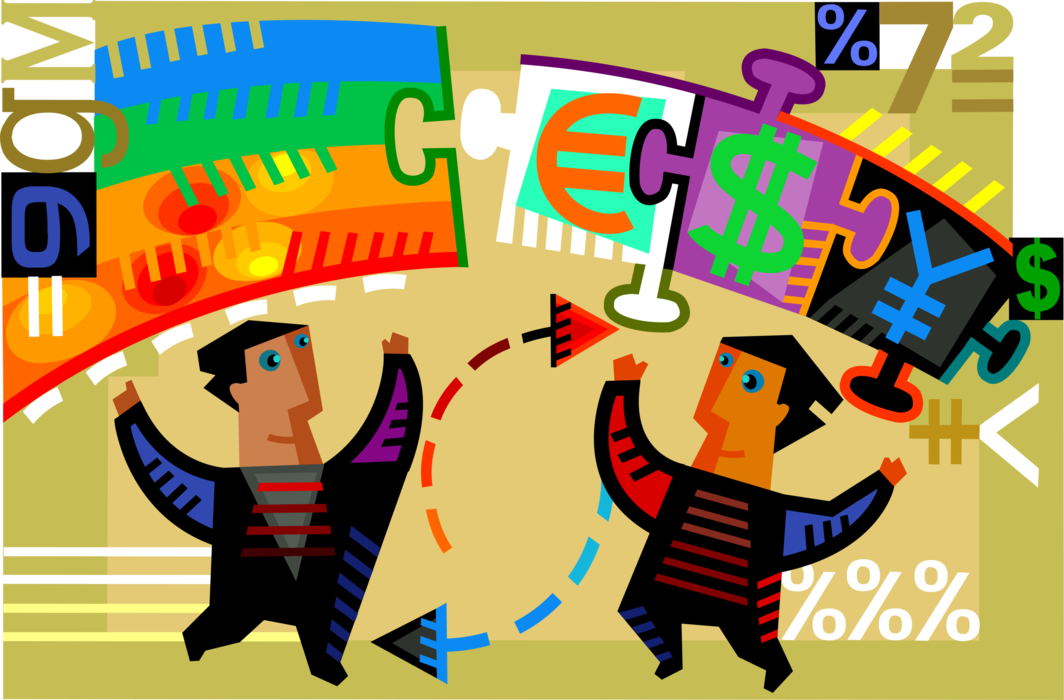 Vector Illustration of Businessmen Build Financial Euro, Yen, Dollar Money Rainbow Bringing Fresh Beginning, and New Prosperity