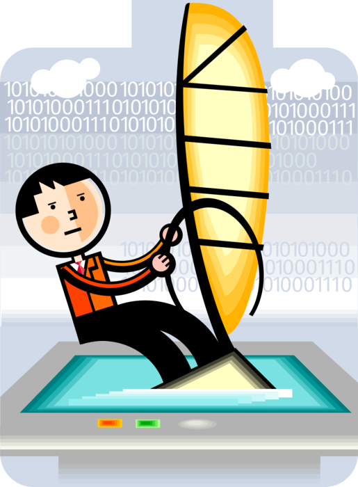 Vector Illustration of Windsurfing Businessman Windsurfer Rides Sailboard Through Binary Digital Code