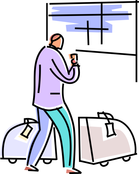 Vector Illustration of Holiday Vacation Travel Passenger with Luggage Suitcase Baggage Checks Departure Schedule in Airport Terminal