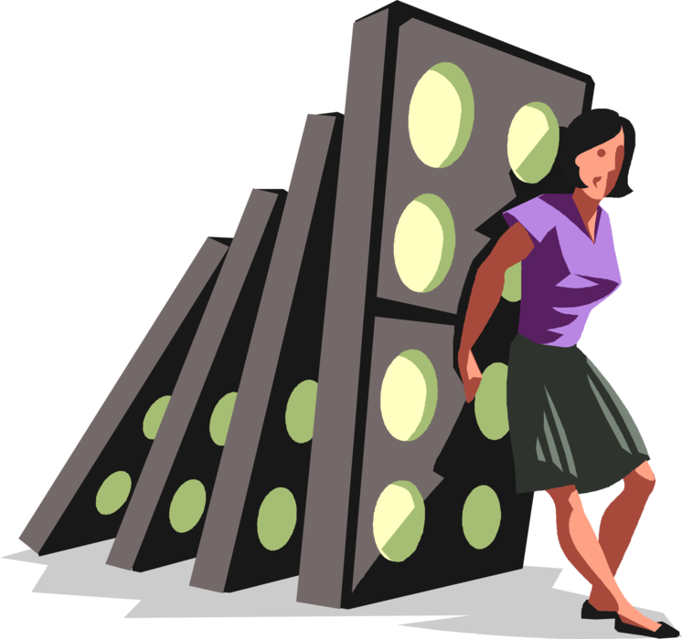 Vector Illustration of Businesswoman Holds Back Falling Dominoes Dominos from Total Collapse